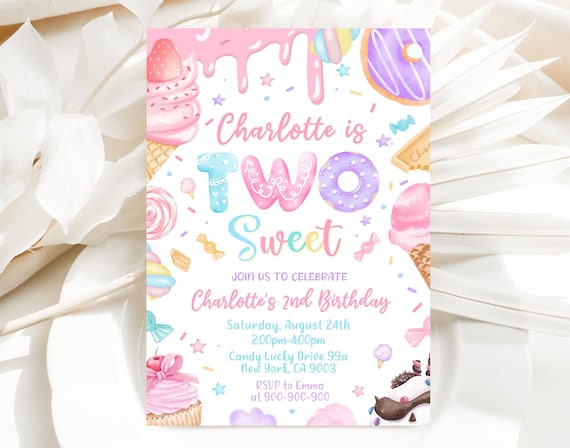 Two Sweet Birthday Invitation, Two Sweet Invitation, 2nd Birthday Invitation, Two Year Dessert Invite, Candy Sweets Donut Invite, Canva 2501
