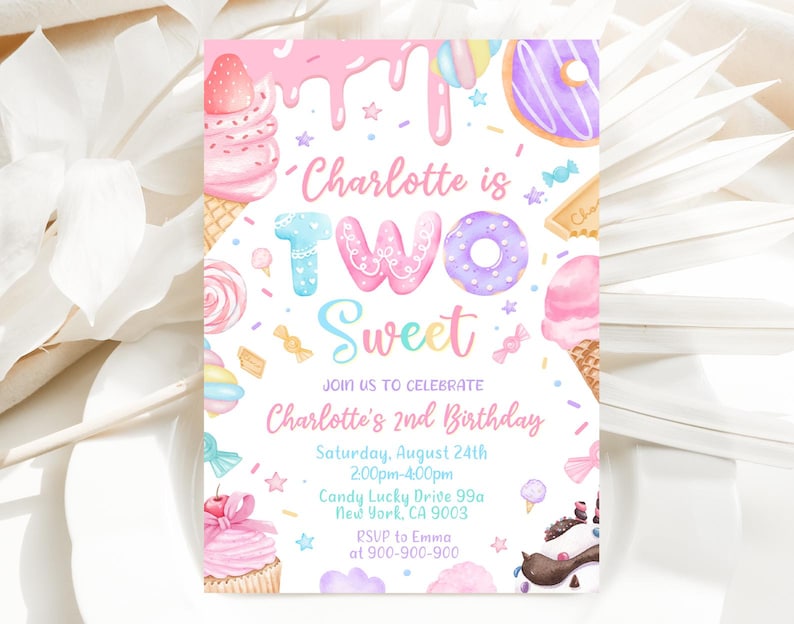 May include: A pink and blue birthday invitation with the text "Charlotte is TWO Sweet" and a variety of candy and dessert illustrations. The invitation includes the date, time, and location of the party, as well as an RSVP contact.