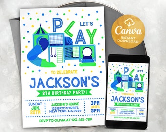 Playground Birthday Invitation, Jungle Gym Party Invite Template, Bounce Indoor Playground, Canva 2402LT