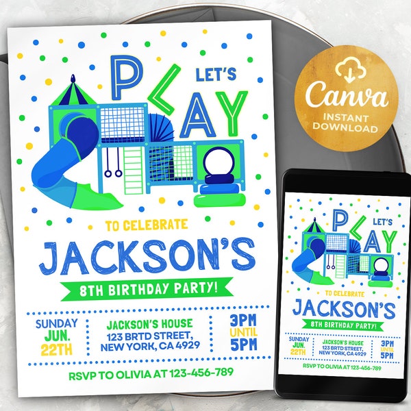 Playground Birthday Invitation, Jungle Gym Party Invite Template, Bounce Indoor Playground, Canva 2402LT