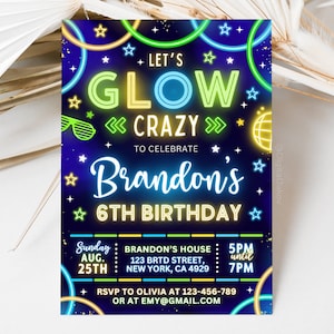 Glow Party Birthday Invitation, Glow Crazy Party Template, Neon Party Invites, Boy Birthday Invitation, Canva 2401M5
