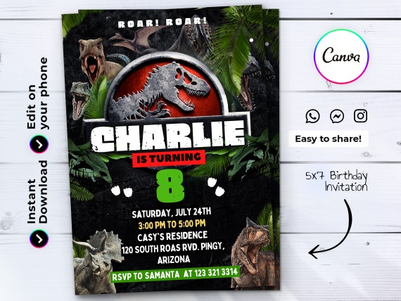 Editable Dinosaurs Birthday Invitation Template, Printable Birthday ...