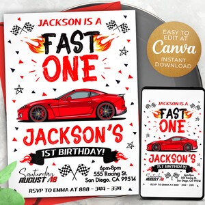 Editable Fast One Birthday Invitation Template, Printable Birthday Party Invitations, Digital Kids Party Invite, 5x7, Canva