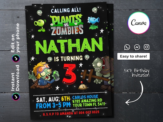 Editable Plants Vs Zombie Birthday Invitation Template, Printable ...