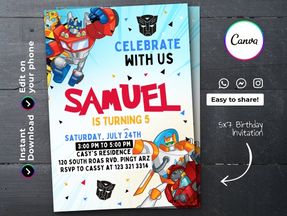 Editable Rescue Bots Birthday Invitation Template, Printable Birthday ...