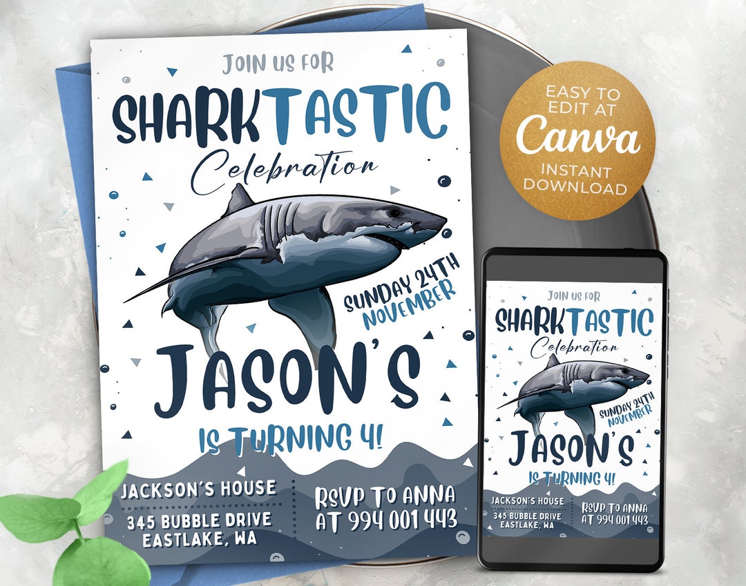 Editable Shark Birthday Invitation Template, Printable Birthday Party ...