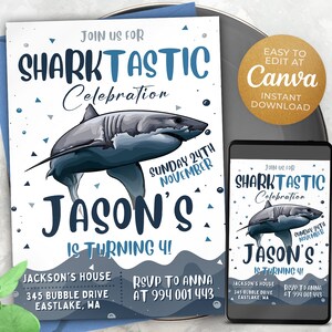 Editable Shark Birthday Invitation Template, Printable Birthday Party ...