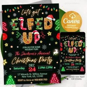 Peut inclure: Une invitation de fête de Noël noire avec le texte "Let's get Elfed Up" dans une lettrage festif. L'invitation comprend les détails de la fête de Noël annuelle de Jackson, avec un smartphone affichant le même design. Le design comprend des lumières de Noël, des flocons de neige et des étoiles.