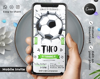 Plantilla de invitación móvil de fútbol editable / invitaciones a fiestas de cumpleaños, invitación a fiestas digitales para niños, descarga instantánea Evite