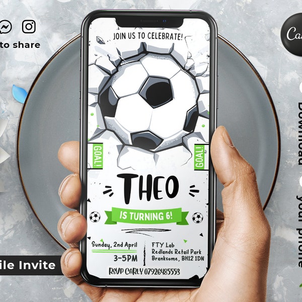 Editable Soccer Mobile Invitation Template | Birthday Party Invitations, Digital Kids Party Invite, Instant Download Evite