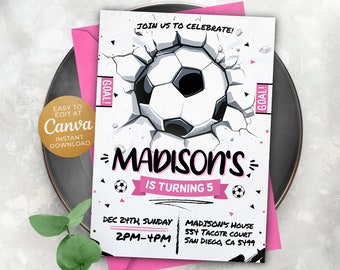 Editable Girl Soccer Birthday Invitation Template, Printable Birthday Party Invitations, Digital Kids Party Invite, 5x7, Canva