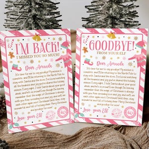 Peut inclure: Deux cartes à rayures roses et blanches avec les phrases « I'M BACK! » et « GOODBYE! » dans une police festive. Les cartes présentent des illustrations de lutins et des messages personnalisés. Décorations de Noël en arrière-plan.