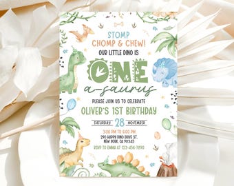Dinosaur 1st Birthday Party Invitation, One-A-Saurus Invitation, Dinosaur First Birthday Invitation, Dinosaur Invitation, Boy Invitation C02