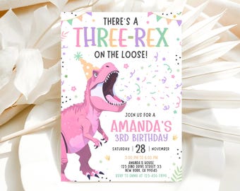 Pink Dinosaur Birthday Invitation: Editable Three Rex Party (Digital Download