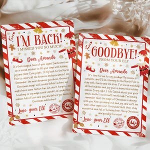May include: Two Christmas-themed cards with red and white striped borders. One card reads "I'M BACK!" and the other says "GOODBYE!" Both cards feature festive illustrations and personalized messages, including the name "Amanda" and a signature from "your Elf."