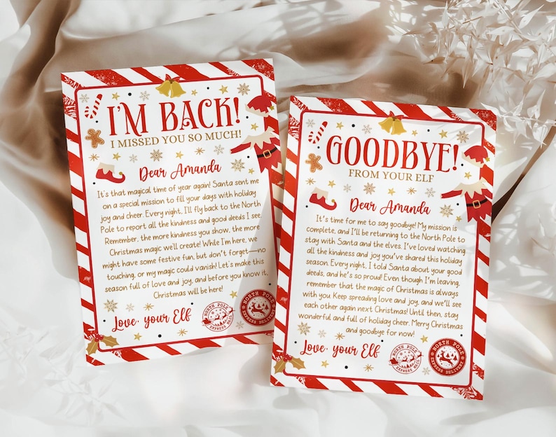 May include: Two Christmas-themed cards with red and white striped borders. One card reads "I'M BACK!" and the other says "GOODBYE!" Both cards feature festive illustrations and personalized messages, including the name "Amanda" and a signature from "your Elf."