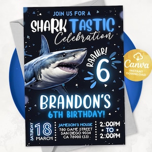 Editable Shark Invitation, Shark Invites, Boy Invitation, Shark Birthday Theme, 5x7 Canva NEWS2