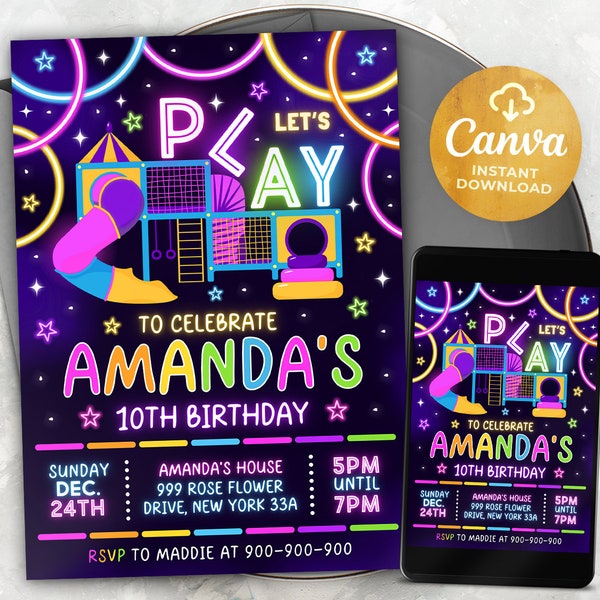 Neon Playground Birthday Invitation, Girl Jungle Gym Party Invite Template, Bounce Indoor Playground, Canva 2403LT