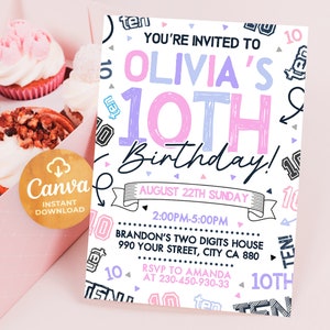 Invito per il 10° compleanno di una ragazza, invito per ragazza, invito per il 10° compleanno, 5x7, Canva DJN106