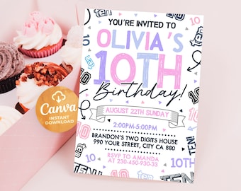 May include: A white birthday invitation with a pink and blue design. The invitation says "You're invited to Olivia's 10th Birthday!" with the date and time of the party. The invitation also has a doodle-style design with the number 10 repeated throughout.