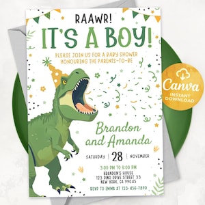 Dinosaur Baby Shower Invitation: Editable Canva Template (Digital Download)