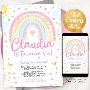May include: A printable invitation for a birthday party with a rainbow, stars, and butterflies. The invitation says "Claudia is turning six!" and includes details about the party, such as the date, time, and location.