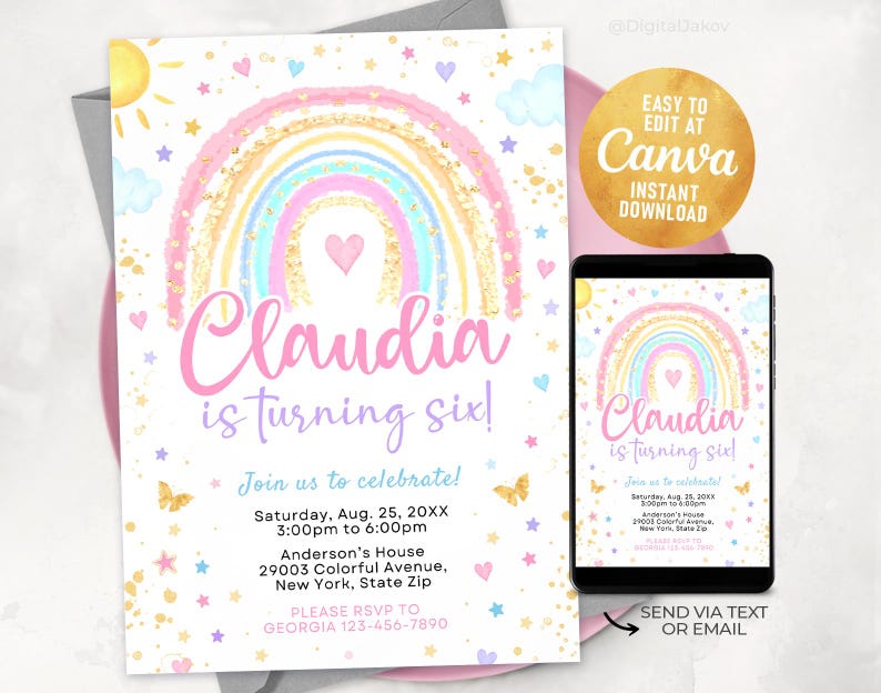 May include: A printable invitation for a birthday party with a rainbow, stars, and butterflies. The invitation says "Claudia is turning six!" and includes details about the party, such as the date, time, and location.