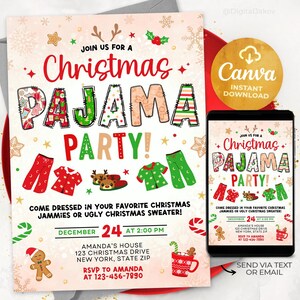 Może przedstawiać: Świąteczne zaproszenie na imprezę w piżamach z czerwonym i beżowym tłem. Zaproszenie zawiera tekst "Christmas Pajama Party" w kolorowych, dekoracyjnych literach, a także ilustracje piżam i smartfona.