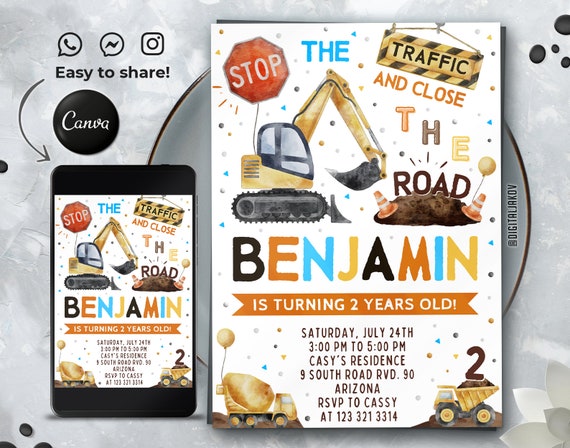 Editable Construction Birthday Invitation Template, Printable Birthday ...