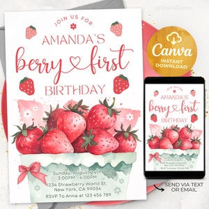Sjabloon Berry eerste verjaardagsuitnodiging, Berry eerste verjaardagsuitnodiging, gingang Berry eerste verjaardagsuitnodiging, Canva 2401M6