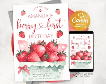 May include: A printable invitation for a first birthday party. The invitation features a watercolor illustration of a basket of strawberries and the text "Join us for Amanda's Berry First Birthday".