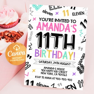 Invito per l'undicesimo compleanno, invito per il compleanno di una ragazza, modello modificabile Canva 5x7, DJNEW0x3