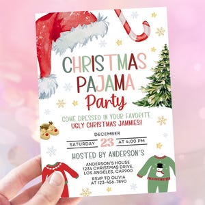 May include: A Christmas Pajama Party invitation with festive watercolor illustrations. The invitation features a red Santa hat, candy cane, Christmas tree, and snowflake accents. Text includes party details and RSVP information.