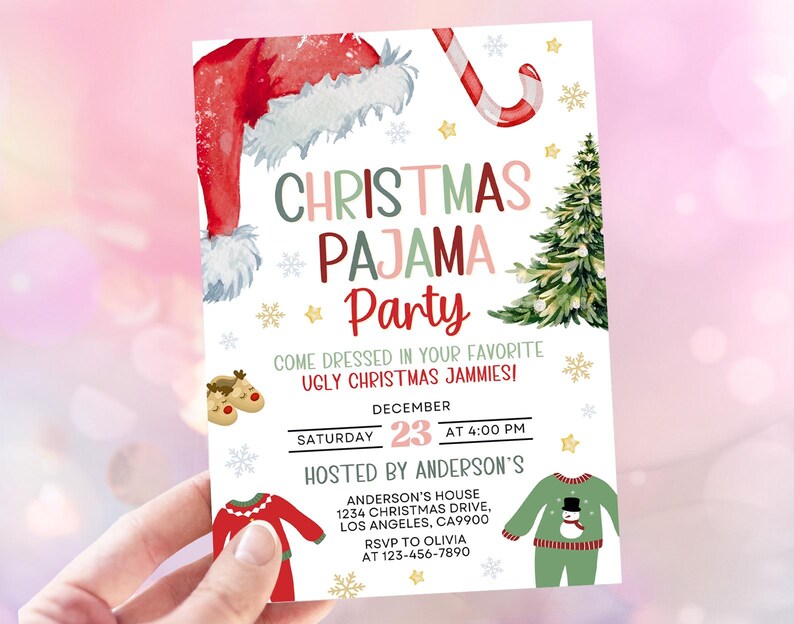 May include: A Christmas Pajama Party invitation with festive watercolor illustrations. The invitation features a red Santa hat, candy cane, Christmas tree, and snowflake accents. Text includes party details and RSVP information.