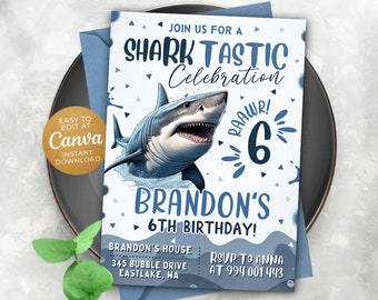 Editable Shark Invitation, Shark Invites, 5x7 Canva NEWS1