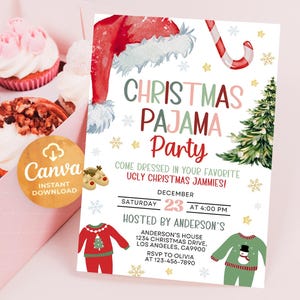 May include: A Christmas Pajama Party invitation with a Santa hat, candy cane, and Christmas tree illustrations. The invitation includes the text "Come dressed in your favorite ugly Christmas jammies!" and event details.