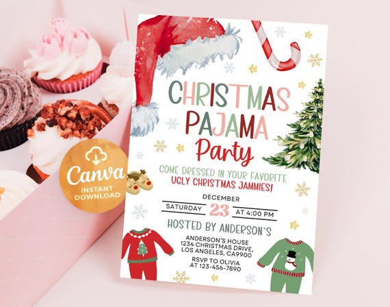 Christmas Pajama Invitation, Sleepover Pajama Invitation, Christmas Pajama Party, Holiday Party Invite, Template Canva 2404T