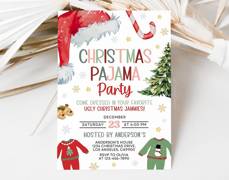 May include: Christmas pajama party invitation with a red Santa hat, candy cane, and Christmas tree illustrations. The invitation text reads "Christmas Pajama Party" and includes event details like date, time, and location.