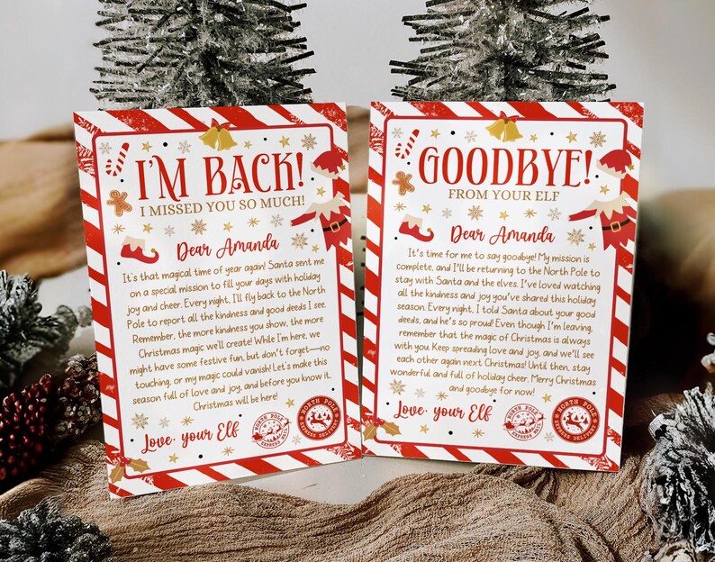 May include: Two Christmas-themed cards with red and white striped borders. One card reads "I'M BACK!" and the other says "GOODBYE!" Both cards have festive illustrations and personalized messages, perfect for holiday greetings.