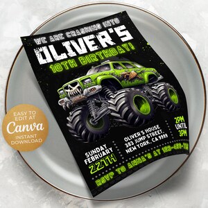 Editable Monster Truck Birthday Invitation Template, Printable Birthday ...