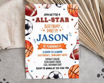 Op de afbeelding: Een witte uitnodiging met een sportthema in blauw en oranje. De uitnodiging luidt "Doe mee met een All-Star verjaardagsfeest! Jason wordt 6 jaar." De uitnodiging bevat een basketbal, een American football, een voetbal, een honkbal, een kegel en sterren. De uitnodiging bevat ook de datum en tijd van het feest, het adres en de RSVP-informatie.