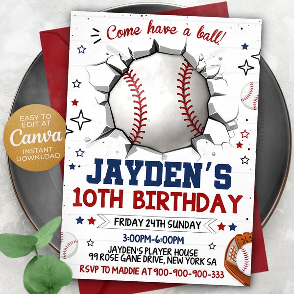 Invitación de béisbol editable, Invitación a fiesta de cumpleaños de béisbol, Novato del año, Deportes, 5x7 Canva NEWS1