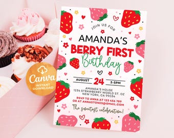 Berry First Invitation, Berry First Birthday Invite, Berry 1st Birthday Invitation, Girl Strawberry Invitation, Canva 240901