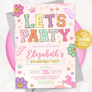 Patch Letter Invitation, Girl Birthday Invitation, Varsity Patch Party, Preppy Invitation, Editable Canva 24061