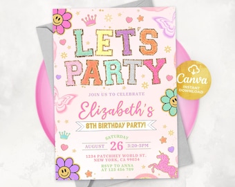 Patch Letter Invitation, Girl Birthday Invitation, Varsity Patch Party, Preppy Invitation, Editable Canva 24061