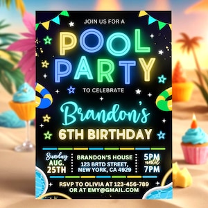 Neon Pool Party Birthday Invitation, Boy Summer Invitation, Pool Party Invite, 5x7, Canva 24061