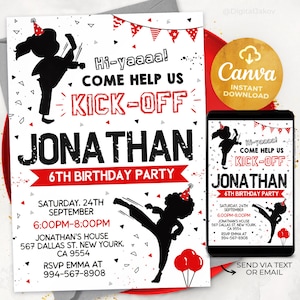 Modello modificabile di invito per karate, inviti per feste di compleanno stampabili, invito a feste digitali per bambini, 5x7, Canva