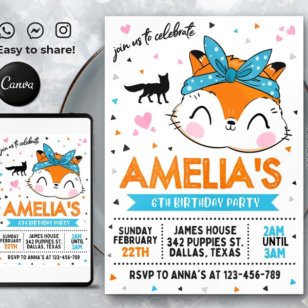 Editable Fox Birthday Invitation Template, Printable Birthday Party Invitations, Digital Kids Party Invite, 5x7, Canva