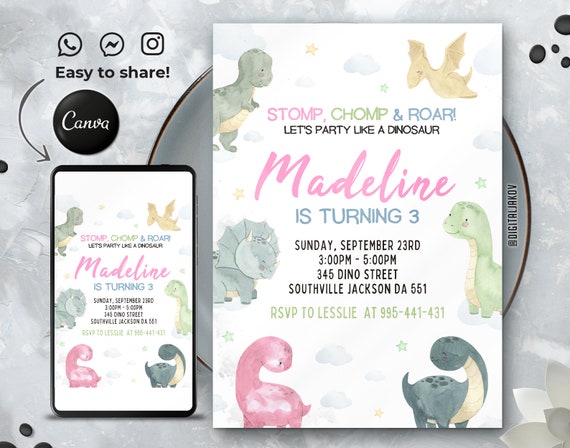 Editable Dinosaurs Birthday Invitation Template, Printable Birthday ...