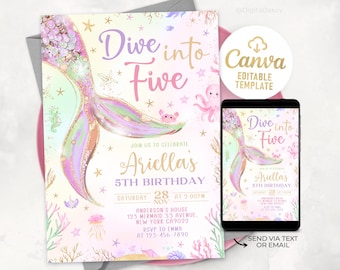 Dive Into Five 5Th Mermaid Invitation, Mermaid Bash Under the Sea Birthday Invite, Mermaid Invite Editable Canva 2501